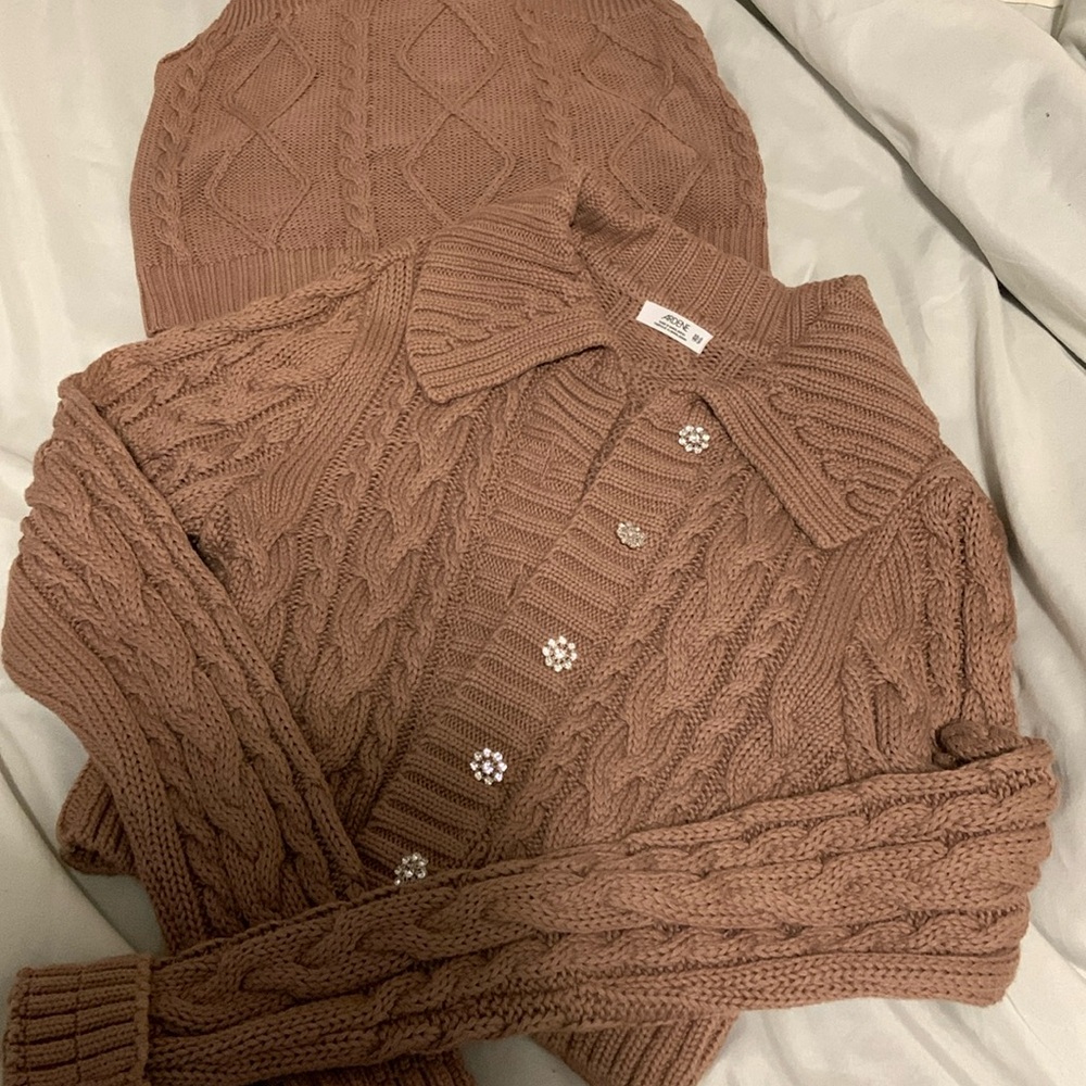 Ardene cable polo cardigan and ultra cropped cable tank top in  brown xs/s NWOT - Picture 2 of 8